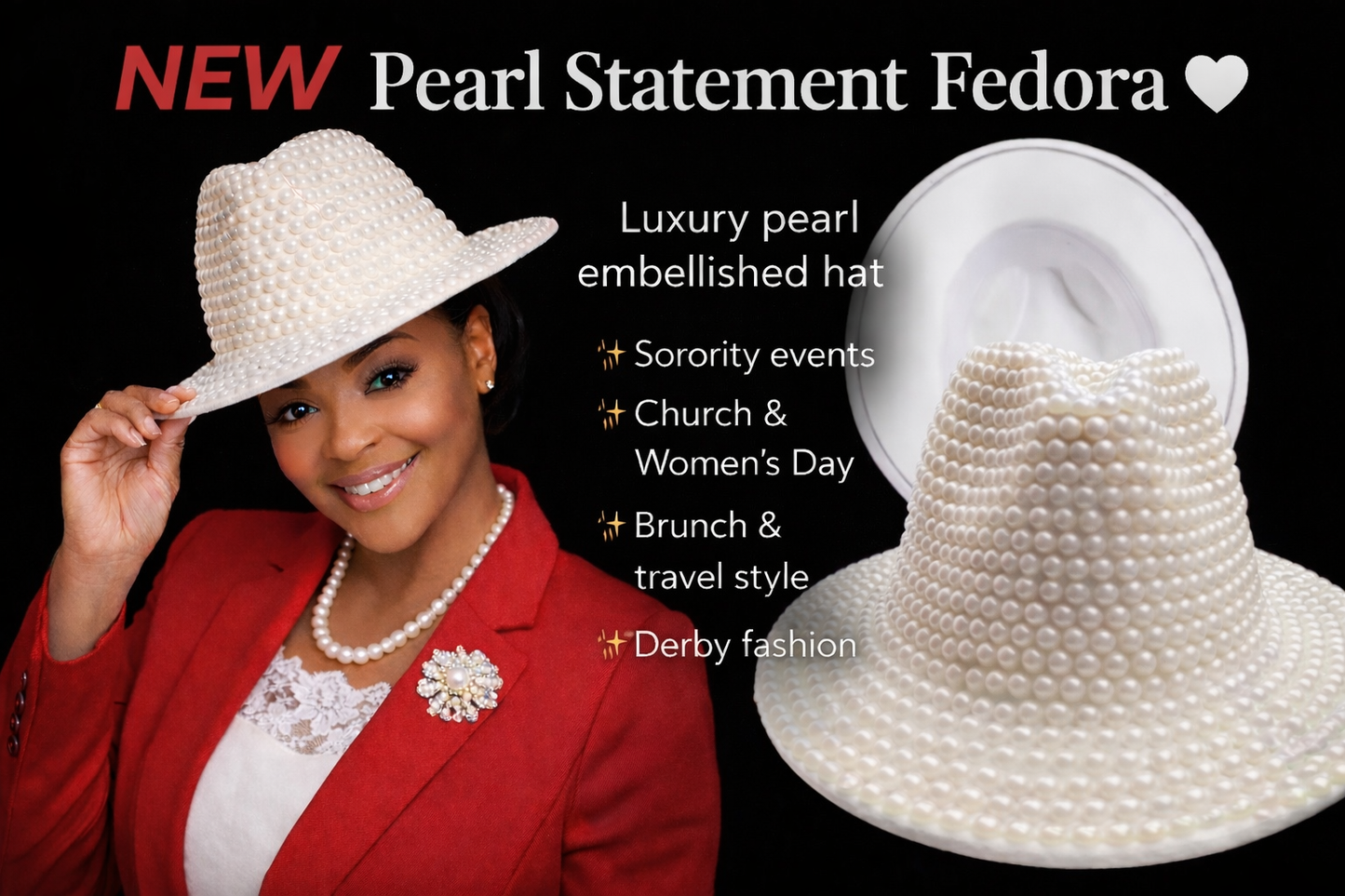 DST- PEARL STATEMENT FEDORA-WHITE INSIDE-(SIZE-22.05-22.83 INCHES)-DST FEDORA COLLECTION-START SHIPPING DATE-4/30/2026