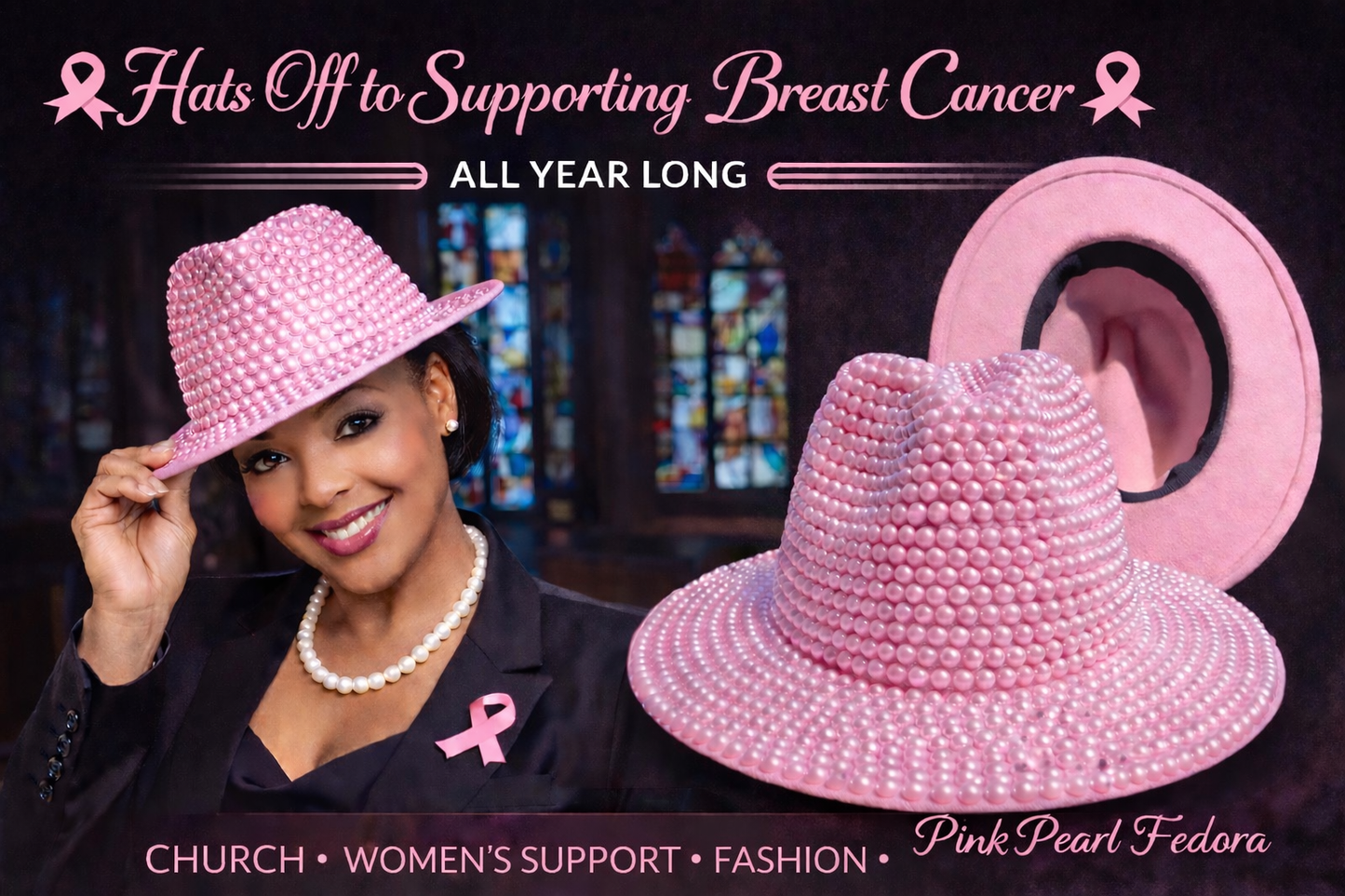 DST-PINK BREAST CANCER AWARENESS STATEMENT FEDORA-PINK INSIDE-(SIZE-22.05-22.83 INCHES)-DST FEDORA COLLECTION-START SHIPPING DATE-5/30/2026 | DST Fedora Collection