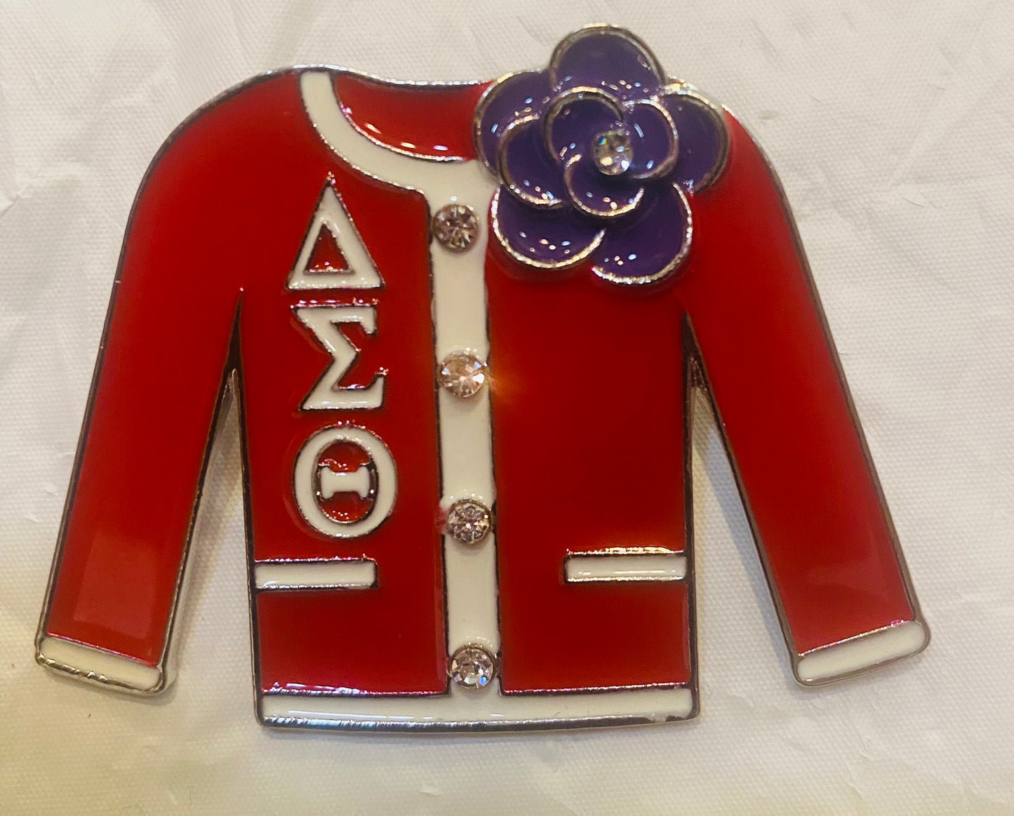 DST-DST RED COAT LAPEL PIN WITH WHITE DST LETTERS/CLEAR STONES AND VIOLET BROOCH-M