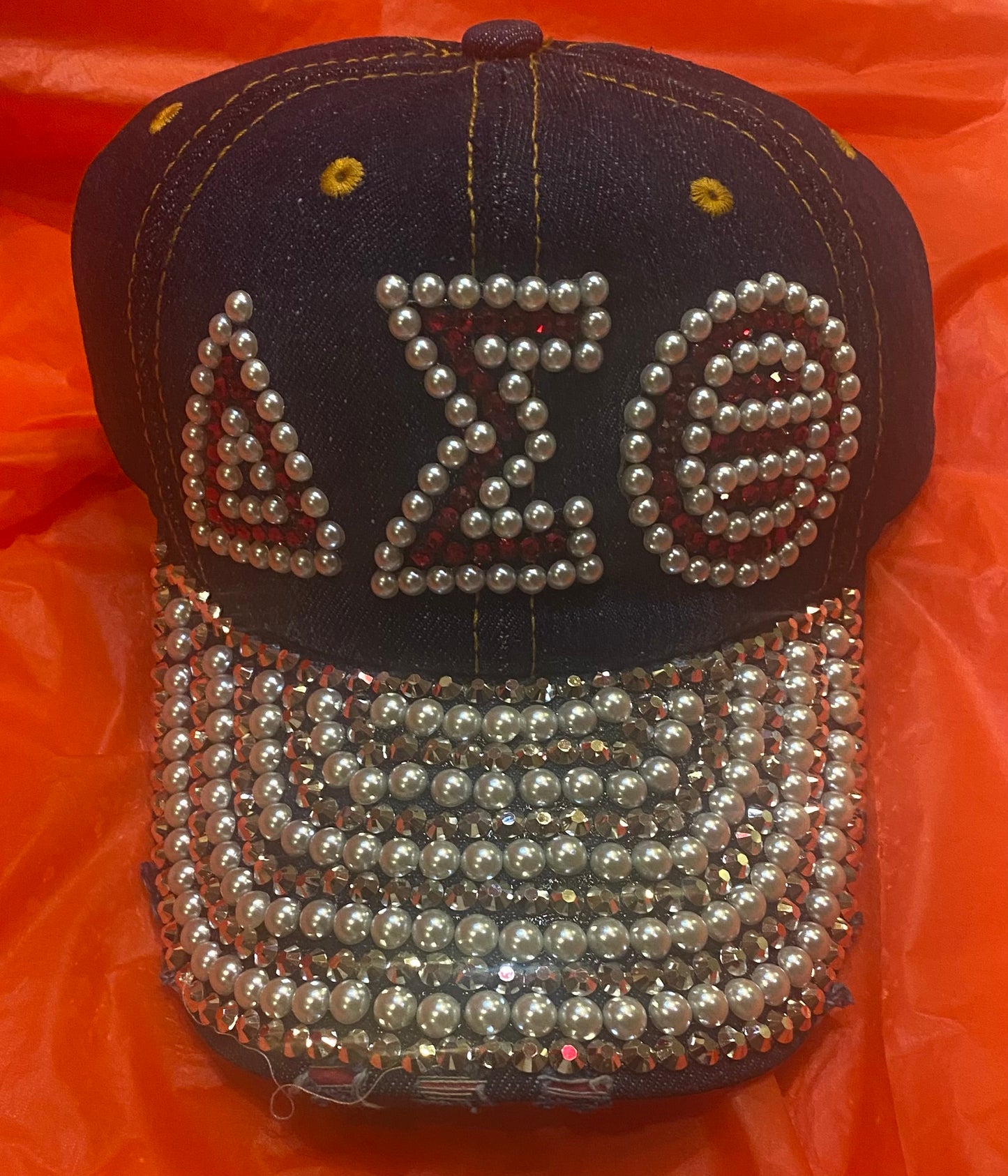 DST-DENIM GREEK LETTERS WITH RED LETTER/PEARLS BLING CAP-M