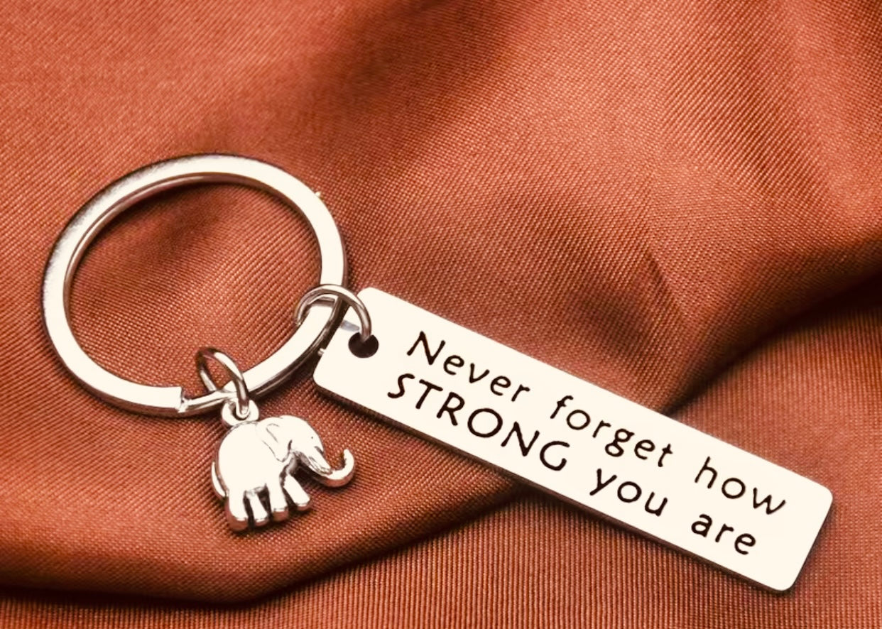 ELEPHANT SILVER PLATED KEYCHAIN WITH SPECIAL MESSAGE: NEVER FORGET HOW STRONG YOU ARE-T