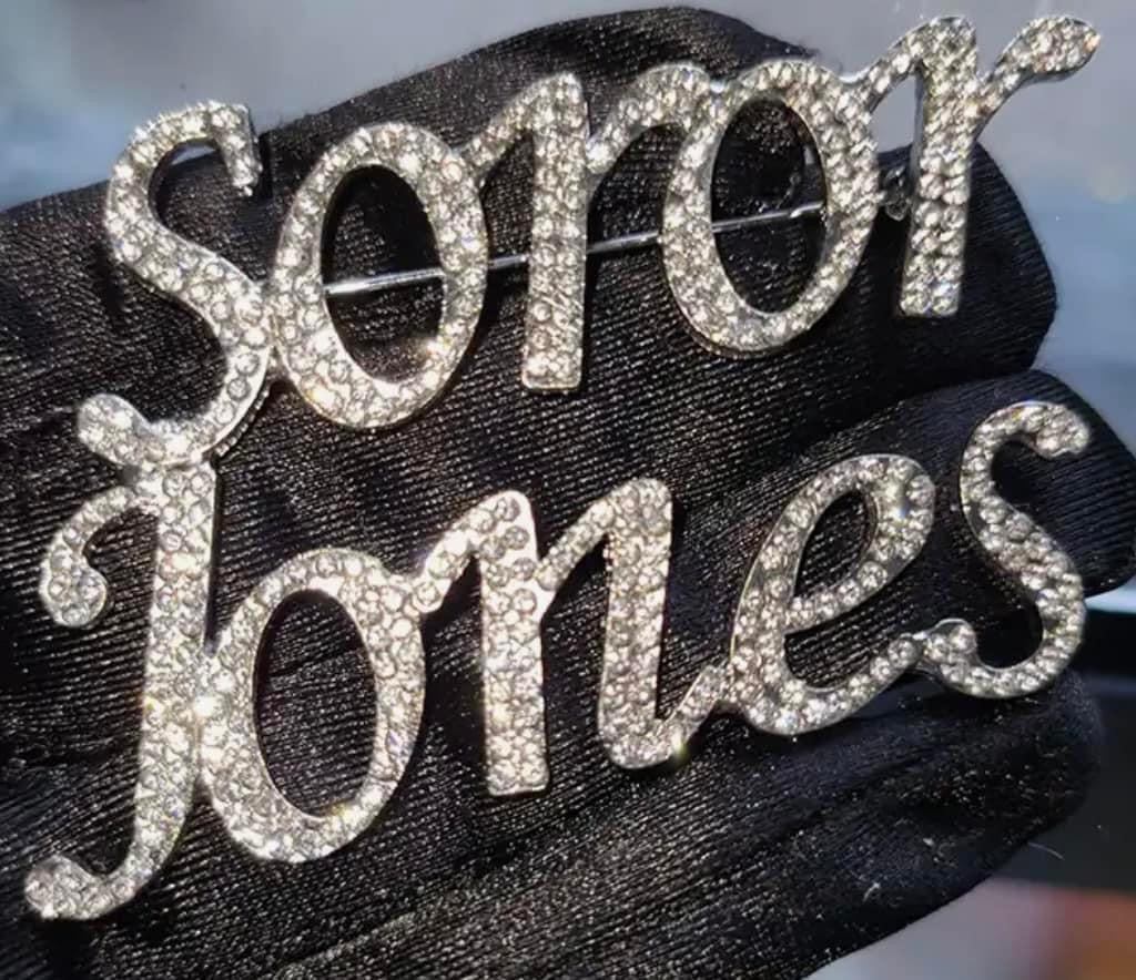 SAY MY NAME CUSTOMIZED SOROR BROOCH-SILVER METAL-(PRE-ORDER THAT STARTS SHIPPING 5/30/2026)