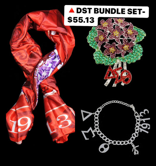 🔺DST BUNDLE-1913 SCARF WITH BOX/CRYSTAL VIOLET AND RED GREEK LETTER-SILVER METAL-BROOCH/AUSTRIAN CRYSTAL CHARM GREEK LETTER, FORTITUDE, AND 1913 SILVER BRACELET-$55.13🔺
