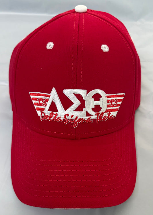 DST-RED WITH WHITE EYELETS BASEBALL-WHITE BORDER UNDER FRONT LID CAP-FLEX FIT with WHITE DST LETTERS/RED DST SCRIPT/RED 1913/RED-WHITE PATTERN ON THE SIDES-GW1096