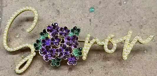 SOROR BROOCH WITH VIOLETS AND PEARLS-GOLD METAL