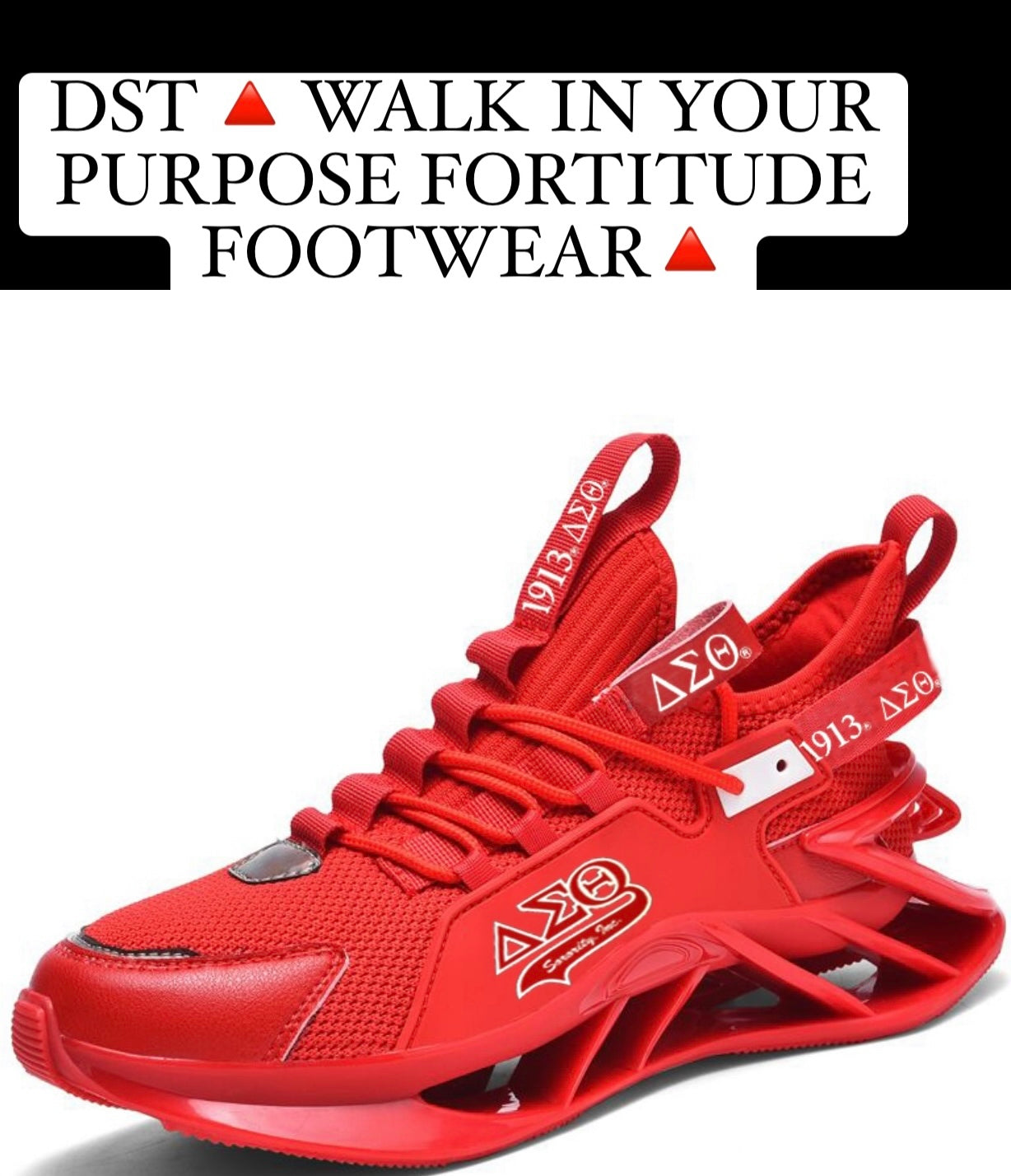 DST-WALK IN YOUR PURPOSE FORTITUDE FOOTWEAR-RED GREEK LETTERS WITH SORORITY, INC. WITH WHITE ACCENTS/GREEK LETTERS-1913 IN WHITE-TENNIS-(PRE-ORDER THAT STARTS SHIPPING 2/28/2025)