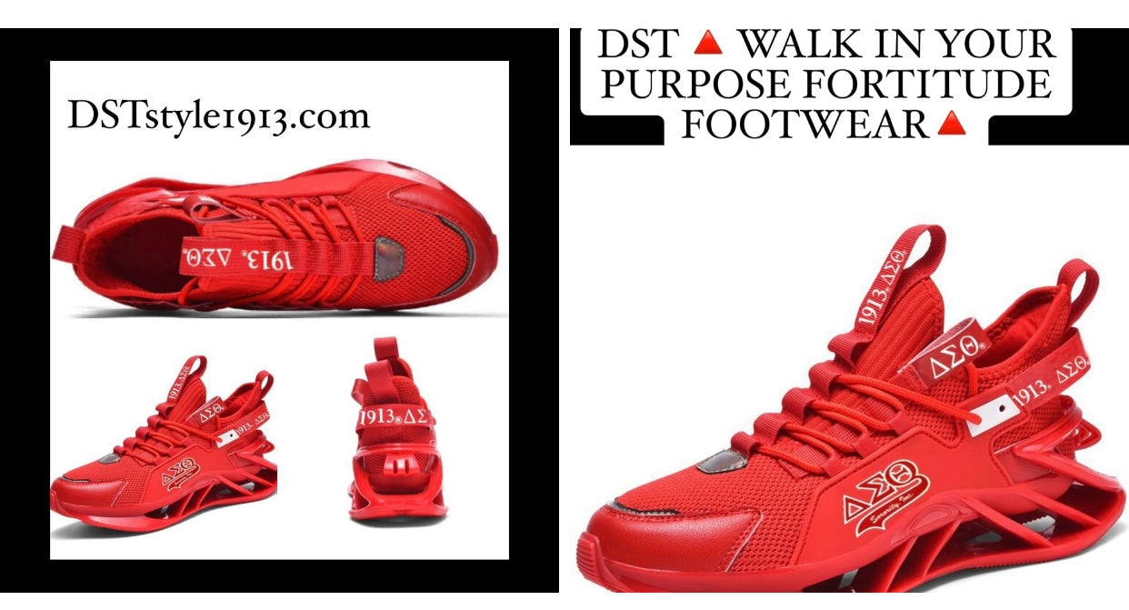 DST-WALK IN YOUR PURPOSE FORTITUDE FOOTWEAR-RED GREEK LETTERS WITH SORORITY, INC. WITH WHITE ACCENTS/GREEK LETTERS-1913 IN WHITE-TENNIS-(PRE-ORDER THAT STARTS SHIPPING 2/28/2025)