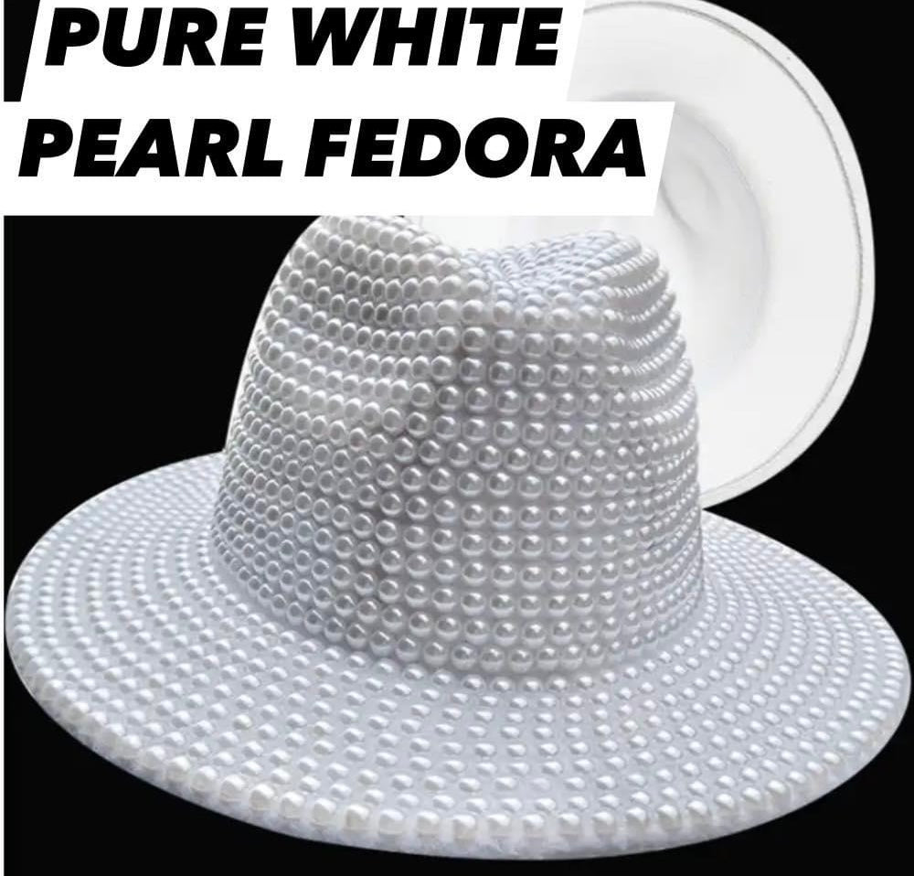 DST-PURE WHITE PEARL FEDORA-WHITE INSIDE-(SIZE-22.04-22.83 INCHES)-DST FEDORA COLLECTION