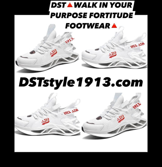 DST-WALK IN YOUR PURPOSE FORTITUDE FOOTWEAR-WHITE TENNIS WITH RED GREEK LETTERS WITH SORORITY, INC. WITH WHITE ACCENTS/GREEK LETTERS-1913 IN WHITE-TENNIS-(PRE-ORDER THAT STARTS SHIPPING 2/28/2025)