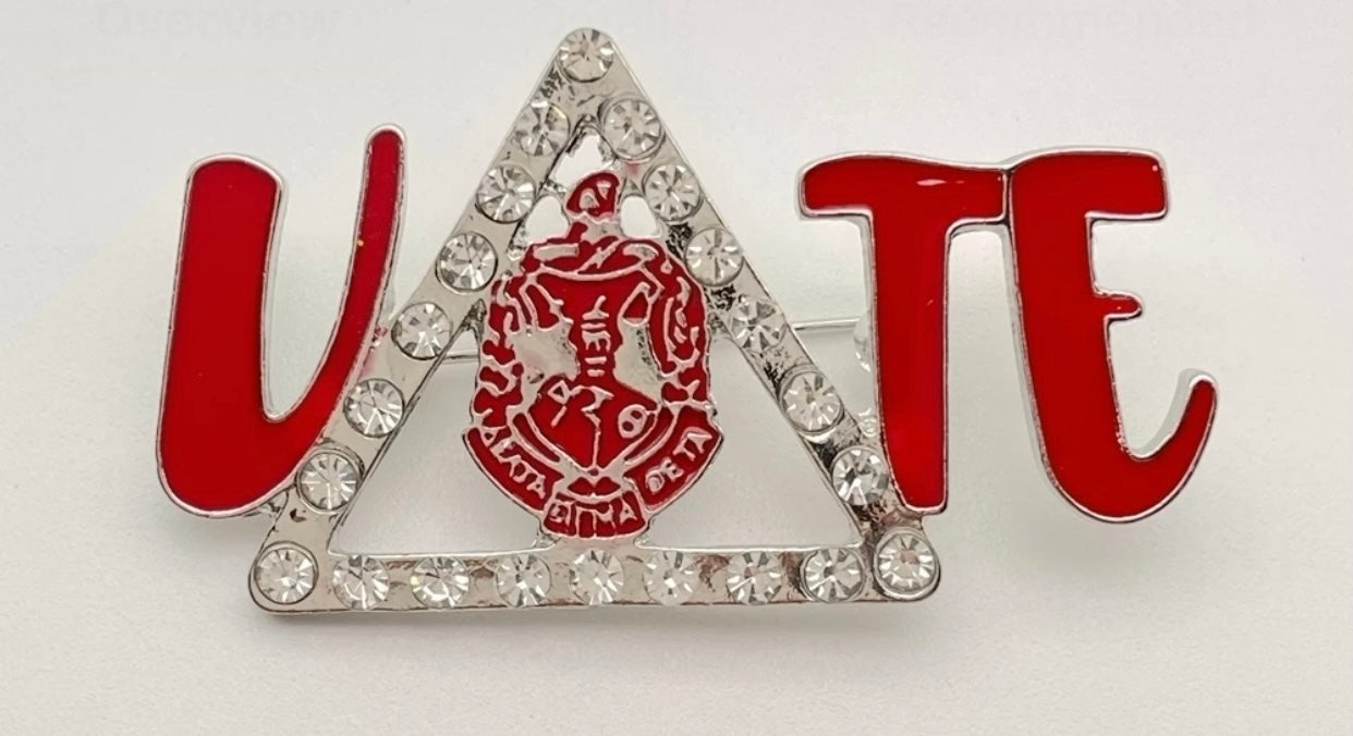 DST-VOTE WITH SHIELD/PEARLS/RED CRYSTALS-SILVER METAL-LAPEL PIN
