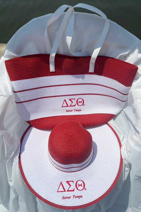 DST-🔺PERSONALIZED DST RED AND WHITE WIDE-BRIM STRAW HAT AND STRAW BAG COMBO-DST GREEK LETTERS WITH SOROR AND PERSONALIZED NAME🔺- (PRE-ORDER THAT STARTS SHIPPING 5/31/2025)