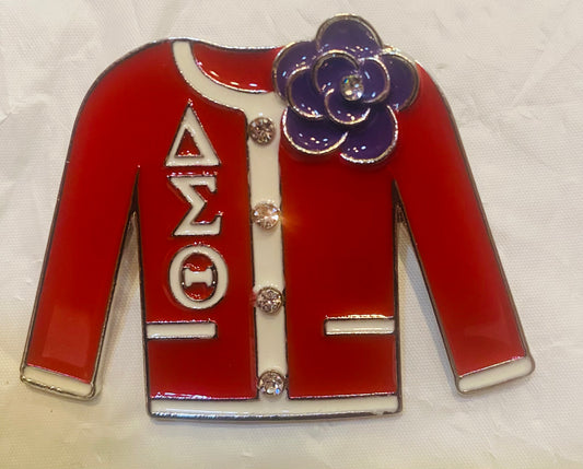 DST-DST RED  COAT LAPEL PIN WITH WHITE DST LETTERS/CLEAR STONES AND VIOLET BROOCH-M