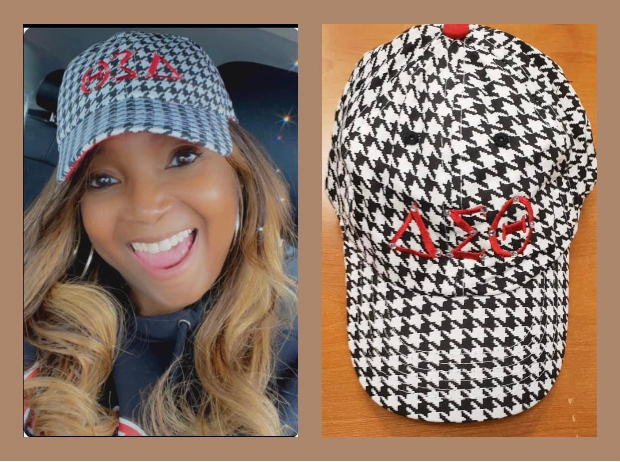 DST-Houndstooth Cap with RED DST Greek Letters and Bling Accents