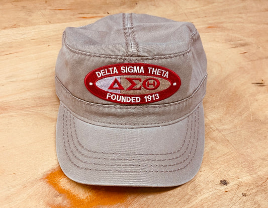 DST- KHAKI MILITARY HAT WITH RED OVAL DST/1913 EMBLEM PATCH WITH ADJUSTABLE VELCRO BAND