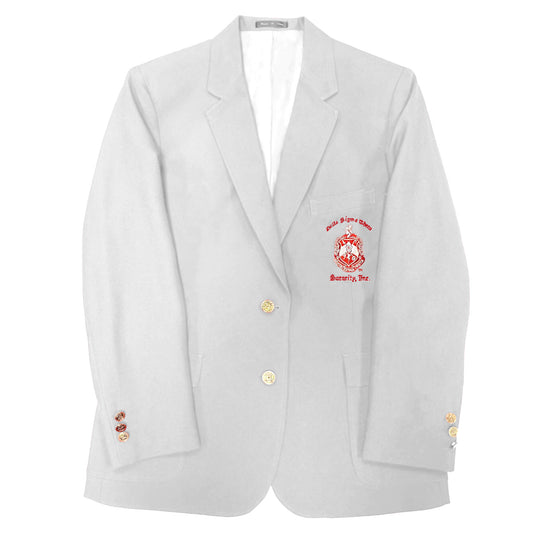 DST BLAZER-(WHITE WITH RED WRITING)-SHIELD WITH DELTA SIGMA THETA SORORITY, INC.(PRE-ORDER THAT STARTS SHIPPING 12/20/2024)