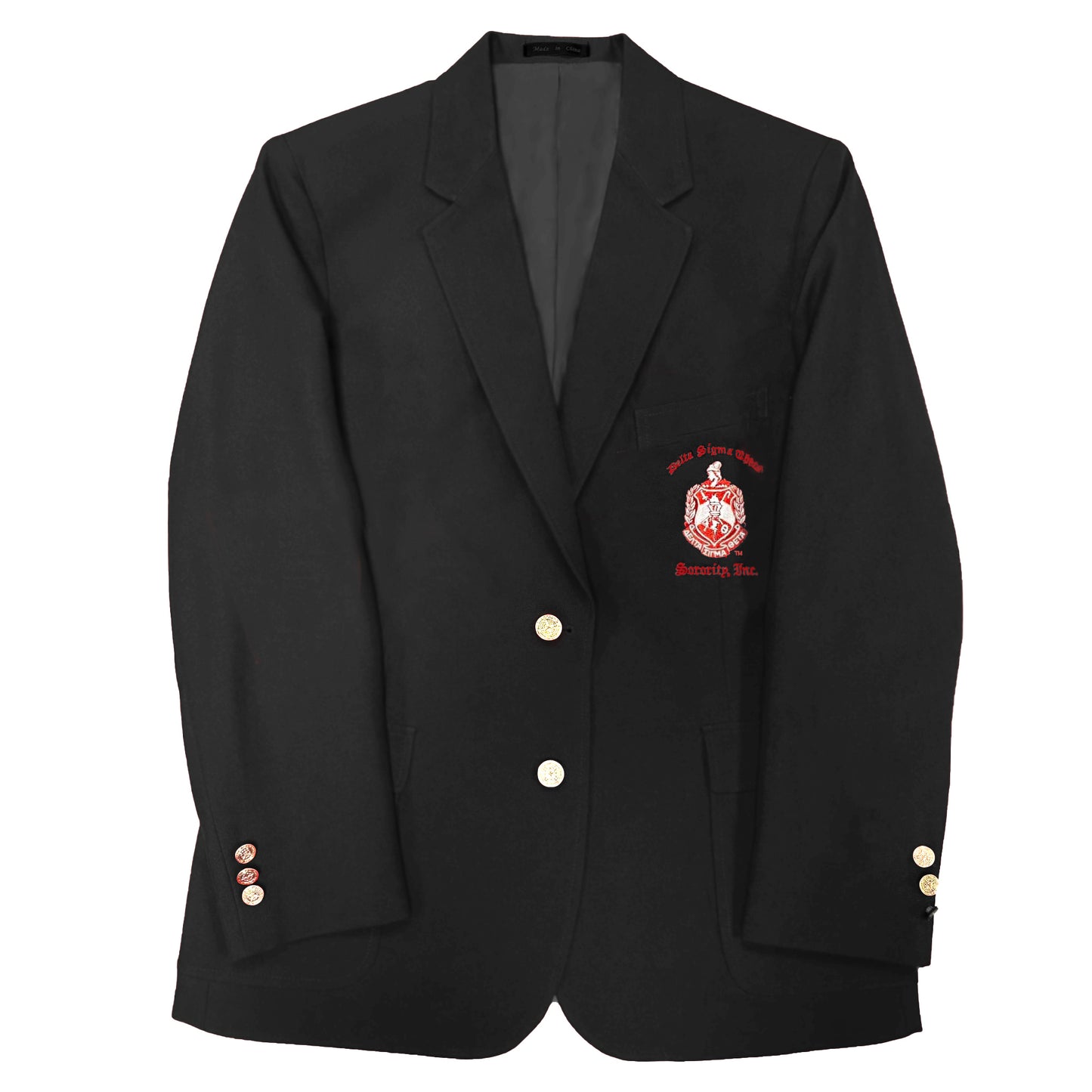 DST BLAZER-(BLACK WITH RED WRITING)-SHIELD WITH DELTA SIGMA THETA SORORITY, INC.(PRE-ORDER THAT STARTS SHIPPING 12/20/2024)