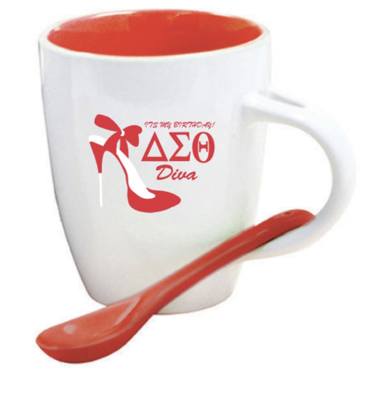 DST-IT’S MY BIRTHDAY DIVA WITH DST GREEK LETTERS (WHITE) MUG WITH (RED) SPOON